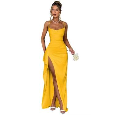 Imagem de Vestido de baile Woyiam, amarelo mostarda, cetim, sereia, tamanho 4, f