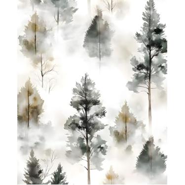 Imagem de Fvlow Papel de parede descascável floresta enevoada 44,2 cm x 299,7 cm abstrato pinheiros nebulosos papel de parede removível autoadesivo aquarela floresta papel de parede para quarto, mesa, espaços