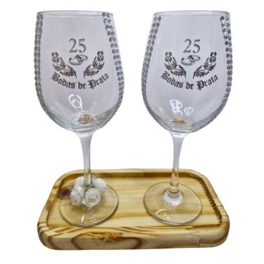 Imagem de Kit 2 Taças Vidro Bandeja Boda Prata 25 Anos Luxo + Presente