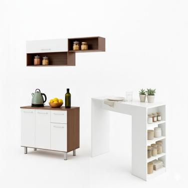 Imagem de Armário de Cozinha Compacta 150cm 4 Portas 1 Gaveta + Bancada Gourmet 3 Prateleiras Marrom/Branco - BRV Móveis