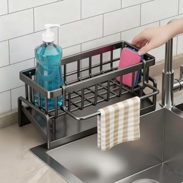 Imagem de Suporte de esponja para ferramentas de pia de cozinha - organizador de ferramentas de cozinha com barra de toalha removível com bandeja de drenagem para bancada