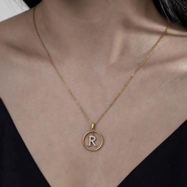 Imagem de Colar de strass com inicial A-Z - Joias delicadas com pingente circular com corrente ajustável, colar de alfabeto personalizado para mulheres,, F, Aço inoxidável, Sem Pedra Preciosa