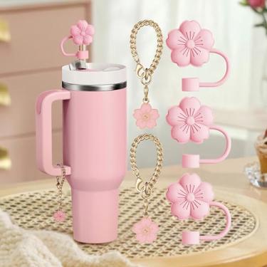 Imagem de Conjunto de 5 peças compatíveis com acessórios Stanley Cup, 3 topos de palha de flores compatíveis com capa de palha Stanley de 9 a 10 mm, 2 lindos pingentes de flores para copo com alça (rosa)