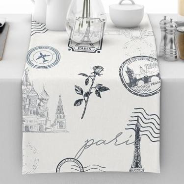 Imagem de Caminho de mesa francês de fazenda rústico Paris caminho de mesa vintage decoração de casa presente para sala de jantar mesa centro de mesa festa de férias, 33 x 182 centímetros