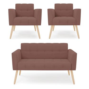 Imagem de Kit 1 Sofá Namoradeira E 2 Poltronas Elisa Veludo Pés Palito Natural - D'rossi Cor Rose