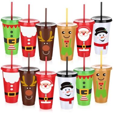 Imagem de Skylety 12 peças de copos de Natal com tampas e canudos, presente a granel de 680 g, copo de plástico reutilizável, boneco de neve, pão de gengibre, rena, artigos de festa de Natal para bebidas