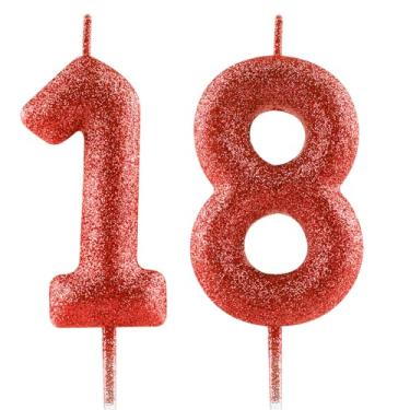 Imagem de FUNCANDLE Velas de aniversário vermelhas com glitter de 6 cm, vela número 18, velas de feliz aniversário de 18 anos para decoração de festa de aniversário de meninas e meninos
