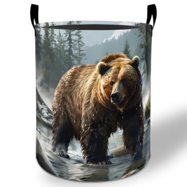 Imagem de Cesto de roupa suja Bear 50 x 40 cm, animal pardo selvagem, dobrável, à prova d'água, balde de armazenamento de roupas Oxford para quarto, banheiro, quarto, berçário, organizador de brinquedos