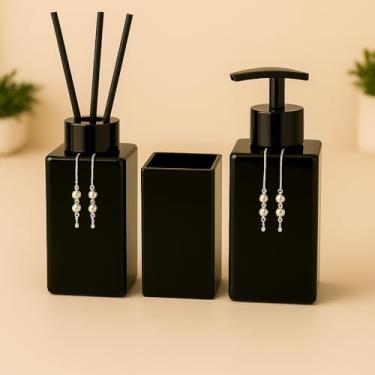 Imagem de Kit Banheiro Luxo Square – Sabonete Líquido, Difusor Aromatizante e Porta Escova de Vidro Decorativo 250ml (Preto Total C/Válvula Preta)