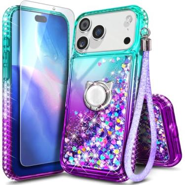 Imagem de Capa NGB projetada para iPhone 17-Pro-Max, Aqua/Roxo | Capa de telefone fofa com glitter líquido brilhante para mulheres e crianças | com protetor de tela de vidro temperado, suporte de anel e cordão