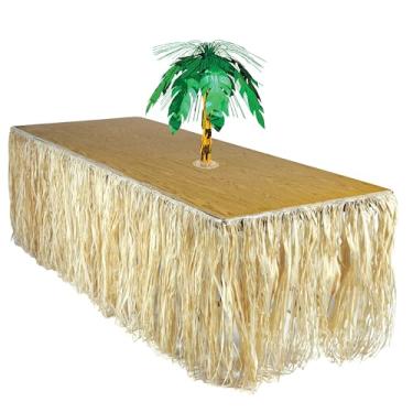 Imagem de Beistle Conjunto de decoração de festa Luau – Saia de mesa de ráfia natural e peça central em cascata de palmeira, suprimentos havaianos para luaus tropicais, celebrações de verão na praia, casamentos
