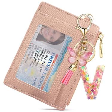 Imagem de Carteiras de cartão de crédito iniciais personalizadas para mulheres com carteira pequena fina, chaveiros de letra inicial para meninas e mulheres rosa chaveiro de borla fofo para mochila escolar,