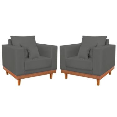 Imagem de Kit 2 Poltronas Suede Resistentes Base Madeira + Almofadas Cinza