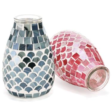 Imagem de Coloch Pacote com 2 pequenos vasos de vidro, vaso de flores de mosaico, vaso decorativo de 12 cm, vaso moderno rosa e azul para pequenos caules, buquês de arranjos de flores, peça central, prateleira