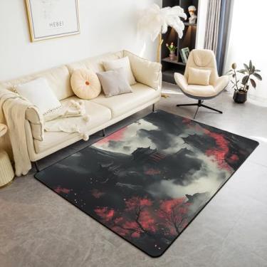 Imagem de jejeloiu Tapete japonês, 12 x 18 cm, vermelho, flores de cerejeira, tapete para sala de estar, quarto, para meninos, meninas, adolescentes, esfumaçado, montanha, sol, tapete decorativo,