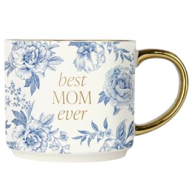 Imagem de Sweet Water Decor Caneca de café Best Mom Ever, design floral vintage azul Delft com alça e aro dourados, xícara de chá de porcelana fina de 400 ml, presentes fofos para o dia das mães, chá de bebê