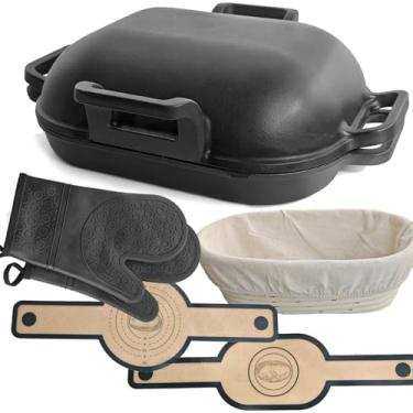 Imagem de Forma de forno de ferro fundido – Conjunto de forno holandês cloche de pão selado de 39,4 cm x 32 cm x 12,7 cm com alças de tampa, para assar peru, frango, vegetais e panificação caseira (conjunto de