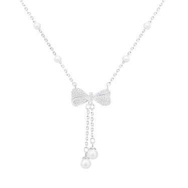 Imagem de Colar feminino de borboleta prata, borla de pérola falsa e design de laço, corrente ajustável, 45 + 5 cm, presente elegante para casamentos