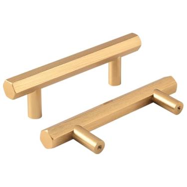 Imagem de funifiti Pacote com 8 puxadores dourados de metal para armário de cozinha, latão escovado, 7,6 cm, puxadores modernos de cômoda de 7,6 cm, ferragens douradas para armários hexagonais com haste sólida