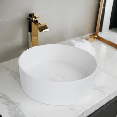 Imagem de OUBONI Pia de vaso de resina de pedra branca com ralo pop-up pia de banheiro redonda acima do balcão tigela redonda