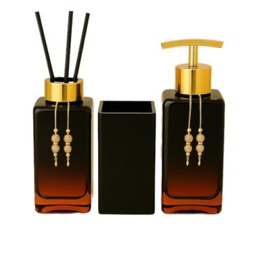Imagem de Banheiro kit lavatório sabão líquido aroma e escova suporte quadrado vidro(Preto Rose C/Dourado)