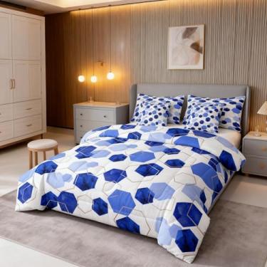 Imagem de Erosebridal Conjunto de cama geométrico azul, 7 peças, azul real, moderno, abstrato, para crianças, com lençóis, arte geométrica, mármore, em uma bolsa, conjunto de cama com hexágono em aquarela