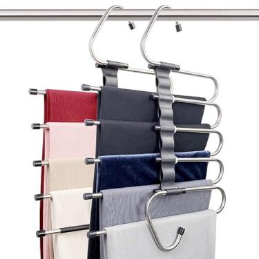 Imagem de Cabides de metal tipo S, pacote com 2 organizadores de armário multicamadas, suporte para calças que economizam espaço com modos vertical e horizontal para jeans, cachecóis e roupas