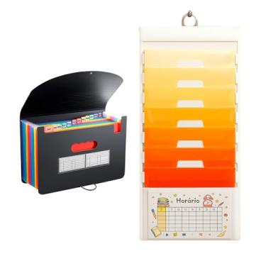 Imagem de Kit Pasta Sanfonada A4 com 12 Divisórias + Organizador de Documentos Pendurável 6 Bolsos Removíveis, Expandível, 36x88 cm, Arquivos, Escritório, Escola, Casa e Organização (Preto e Laranja)