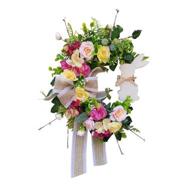 Imagem de Guirlanda de porta de Páscoa, decoração de porta de mola simulação de coelho, guirlandas de flores de Páscoa para parede, decoração colorida artificial para primavera, casa, casamento, festas e festas