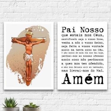 Imagem de Kit 2 Quadros Jesus Cruxificado Pai Nosso 24X18 Vidro Branca - Quadros