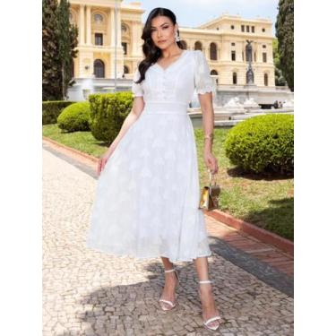 Imagem de Vestido Midi de Festa Decote V Manga Princesa com Botão Elegante Solti