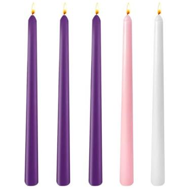 Imagem de Conjunto de velas Advent – Pacote com 5 velas cônicas de 25 cm (3 roxas, 1 rosa e 1 branca) para guirlanda do advento de Natal, castiçais sem cheiro e sem fumaça
