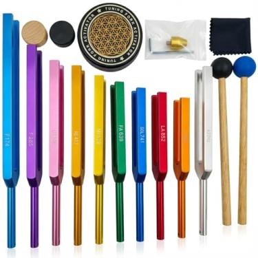 Imagem de Conjunto de diapasão para cura | 10 garfos sem peso (Chakra e Solfeggio 174-963Hz) | Kit completo com ativador e pés | Pronto para usar.