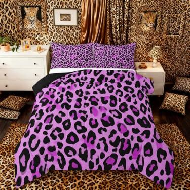 Imagem de jejeloiu Conjunto de edredom Queen com estampa de guepardo, estampa de pele de animal selvagem, para crianças, meninos, meninas, roxo, vida selvagem africana, edredom para decoração de quarto