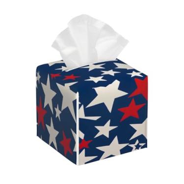 Imagem de Capa quadrada de couro para caixa de lenços de papel, à prova d'água, estrelas, vermelho, azul, organizador de papel facial com cinto inferior, estojo de lenços para mesa, banheiro, escritório, mesa