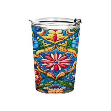 Imagem de Blueangle Copo de 340 g com tampa e canudo, copo de café com água isolada a vácuo de aço inoxidável, caneca térmica de cerâmica mexicana para bebidas quentes e frias (105)