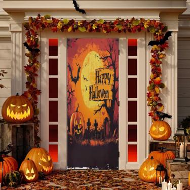 Imagem de ATTX Capa de porta da frente da lua da casa de Halloween - Decoração de férias de tecido elástico lavável para festas, casa, decoração de porta da frente, 91 x 242 cm (550)