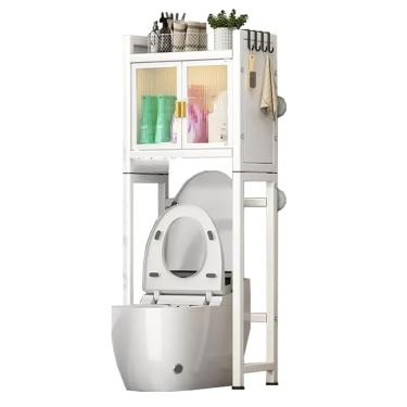 Imagem de SPXMQSS Unidade de armazenamento sobre vaso sanitário, armário de armazenamento de máquina de lavar, economia de espaço de banheiro independente com prateleiras ajustáveis e porta prateleira de