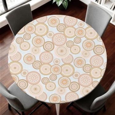 Imagem de COTAIL Toalha de mesa redonda à prova d'água com borda elástica, capa de mesa redonda com ajuste limpável, serve para mesas de até 114 a 122 cm para festas de piquenique na cozinha, círculos retrô