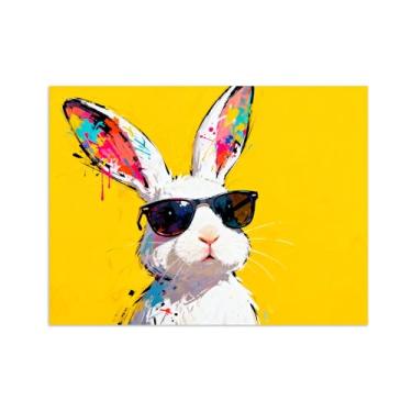 Imagem de Animais Pintura Arte Parede - Coelho usa óculos escuros - Impressões em tela - Moderno Colorida Pôster para decoração sala de estar 80x105cm Sem Moldura