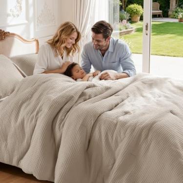 Imagem de Shilucheng Jogo de cama king size de algodão waffle - jogo de cama de 3 peças com edredom e 2 fronhas, edredom macio e respirável para todas as estações, lavável na máquina, cáqui