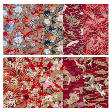 Imagem de PH PandaHall 10 peças de tecido de algodão estilo japonês estampa de flores quadrados patchwork vermelho artesanato conjunto de tecidos de costura de ondas do mar para roupas scrapbooking arte faça