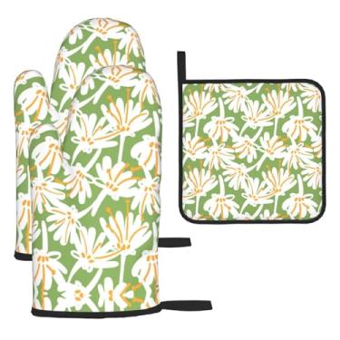 Imagem de Padrão de coloração de flores – Conjunto de cozinha essencial com 3 peças, luvas resistentes ao calor e aderência da tampa, proteção para churrasco no forno, design de armazenamento suspenso.
