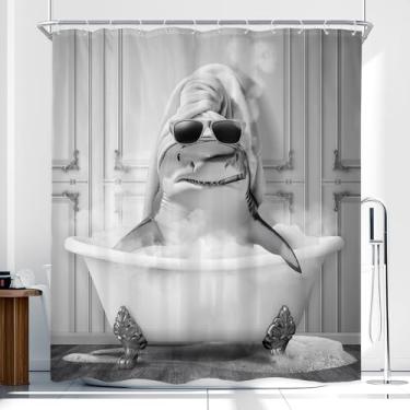 Imagem de Newsely Cortina de chuveiro de tubarão engraçada 152 cm L x 182 cm C preto e branco animal tomando banho na banheira Hilarious Smoking Cute Cartoon Conjunto de banheiro moderno à prova d'água