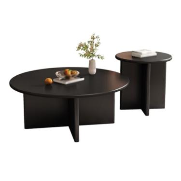 Imagem de Simple Modern Round Coffee Table set of 2, Wooden/glass Tabletop, Solid Wood Base, Cross-shaped Legs, Rounded Corners, Suitable for Living Room(H)