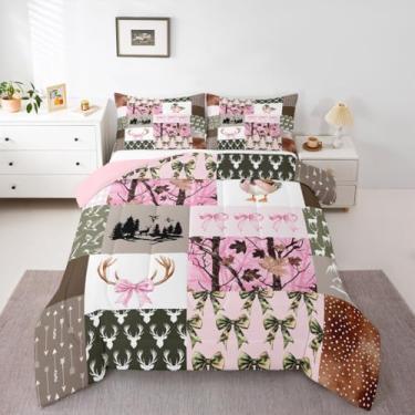 Imagem de Feelyou Jogo de cama rosa para meninas de caça, tamanho casal, pato selvagem, veado, camuflado, para quarto de crianças e adolescentes, decoração de laço rosa, colcha rústica
