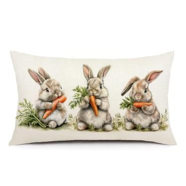 Imagem de AOFANGGO Capa de almofada de Páscoa 30,5 x 50,8 cm coelhos comendo cenouras coelhos decorações férias fazenda decoração primavera capa de almofada para sofá de casa