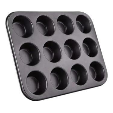 Imagem de Forma para Cupcake e Pão de Queijo, Aço Carbono Antiaderente, 12 Cavidades, Preta, 35 x 26 x 3 cm, para Bolinhos, Empadas e Petit Gateau