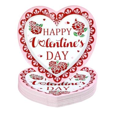 Imagem de 50 peças de pratos de papel Happy Valentine's Day 22,88 cm, resistentes, descartáveis, vermelho, coração, rosa, decoração do dia dos namorados, para noite especial romântica, casamento, aniversário