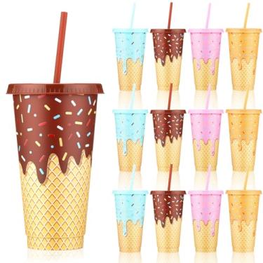 Imagem de Yungyan 12 peças de copos de plástico para sorvete com tampas e canudos 680 g Copo reutilizável para bebidas garrafas de água a granel para festa de verão suprimentos de chá de bebê e decorações de